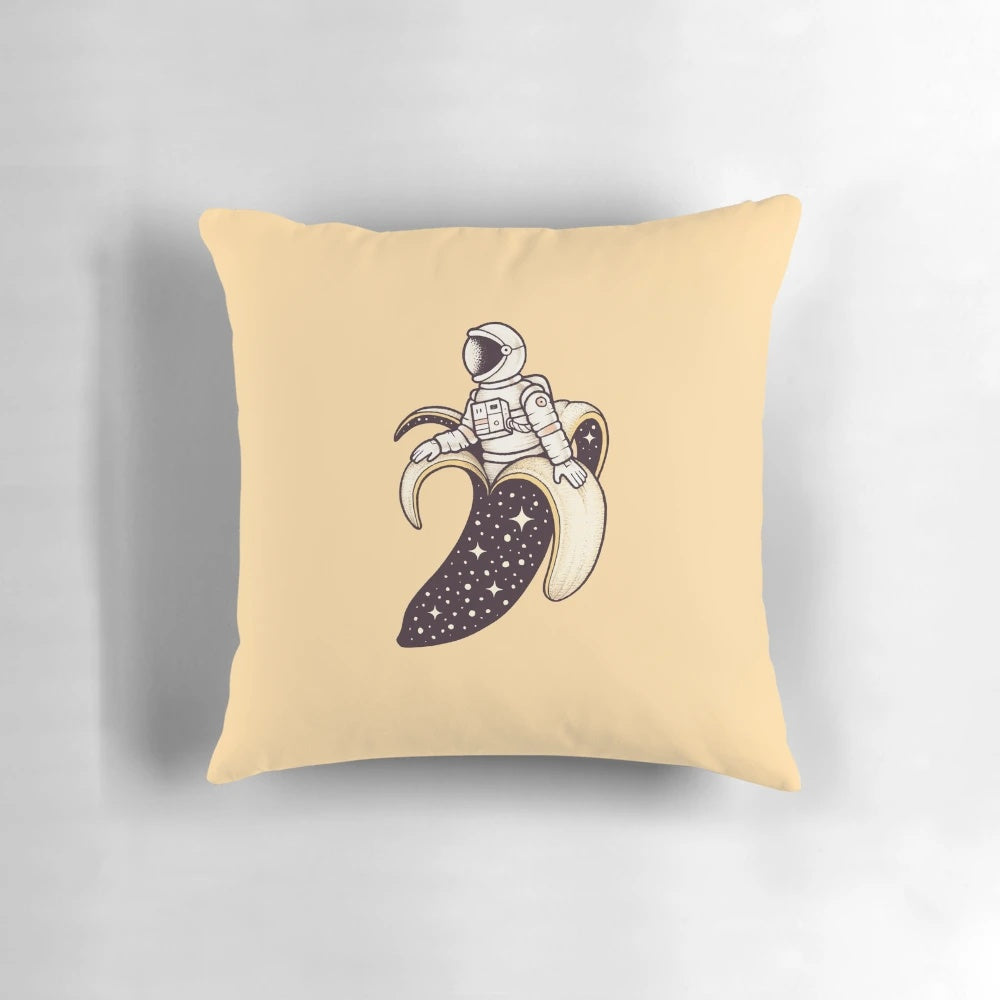 A whimsical pillow featuring a banana astronaut floating in a surreal, cosmic landscape