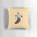A whimsical pillow featuring a banana astronaut floating in a surreal, cosmic landscape