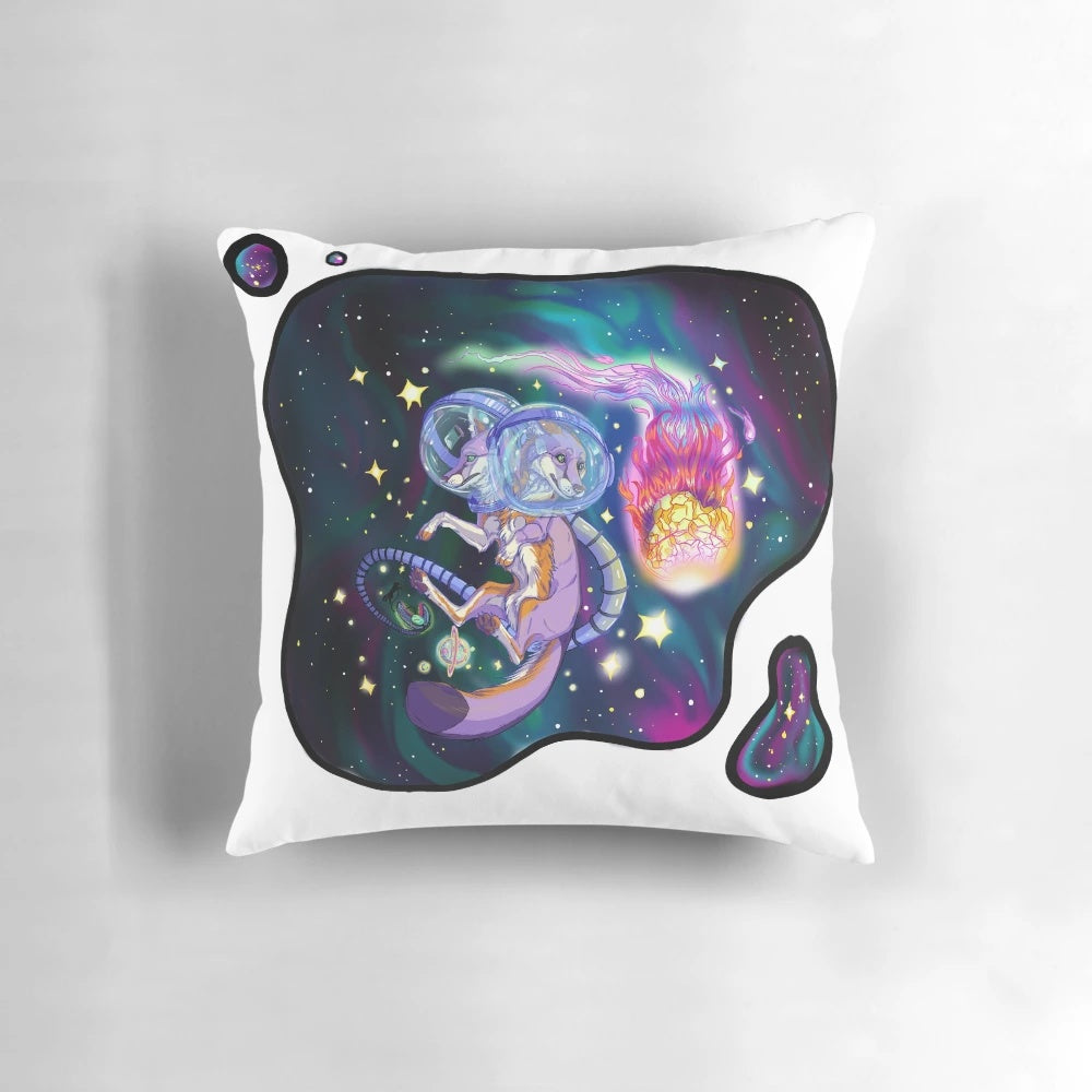 Cozy gray fox astronaut character on a galaxy-themed decorative pillow
