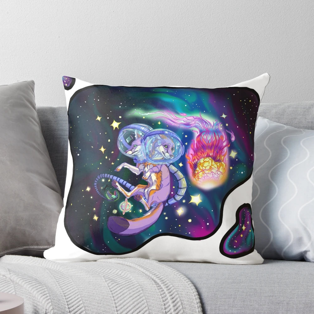 Cozy gray fox astronaut character on a galaxy-themed decorative pillow