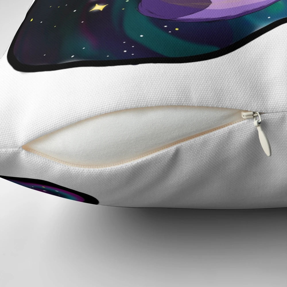 Cozy gray fox astronaut character on a galaxy-themed decorative pillow