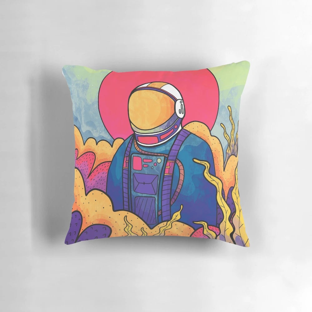 A vibrant, colorful pillow featuring a stylized astronaut figure exploring an otherworldly landscape.