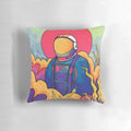 A vibrant, colorful pillow featuring a stylized astronaut figure exploring an otherworldly landscape.