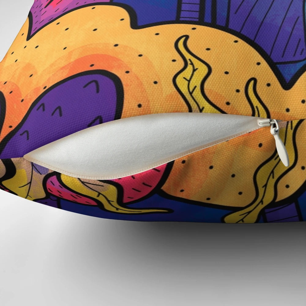 A vibrant, colorful pillow featuring a stylized astronaut figure exploring an otherworldly landscape.