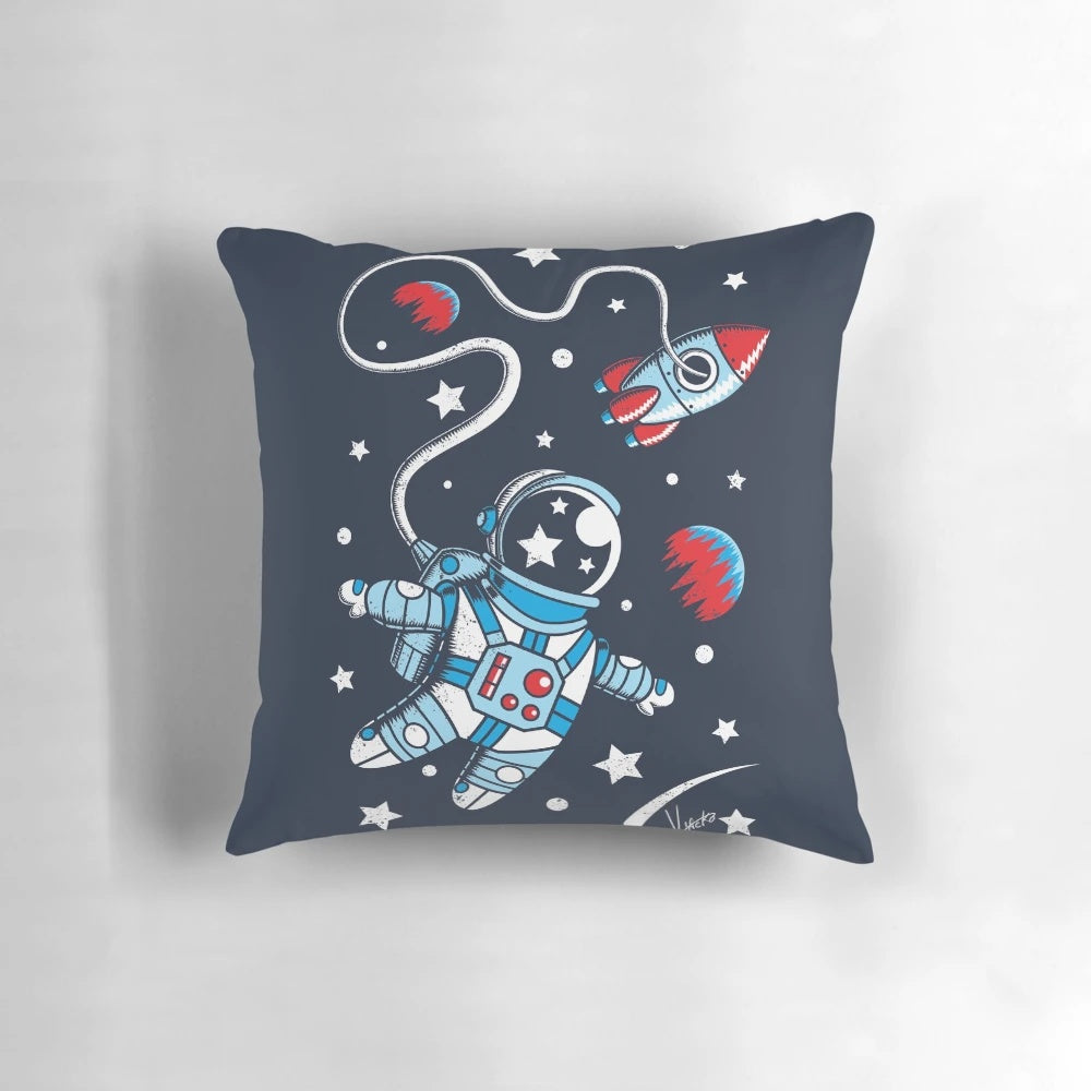 Cozy space-themed pillow featuring an astronaut floating in the cosmos