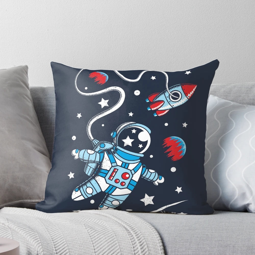 Cozy space-themed pillow featuring an astronaut floating in the cosmos