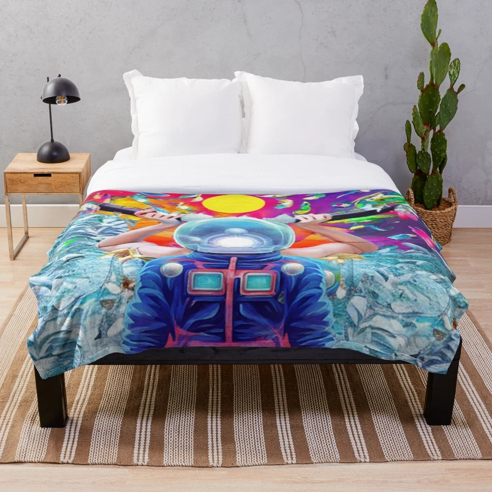 Alien-inspired plush blanket with vibrant cosmic design