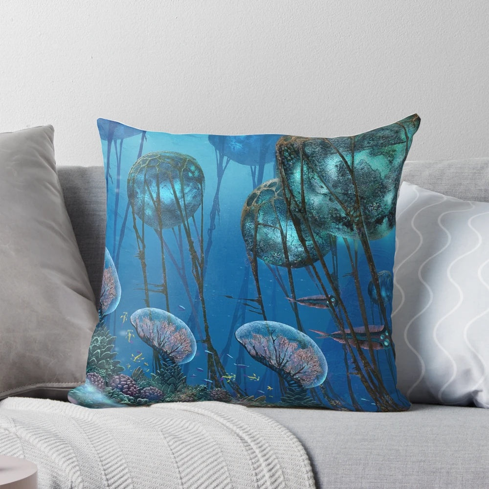 The Grand Reefs Pillow - A surreal underwater pillow design perfect for sci-fi and gaming enthusiasts