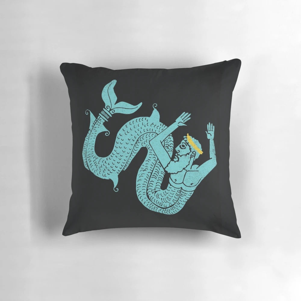 A plush and decorative Neptune-themed pillow featuring Greek mythology elements