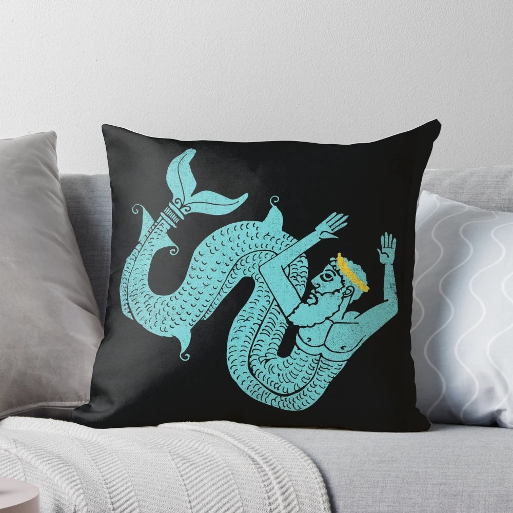 A plush and decorative Neptune-themed pillow featuring Greek mythology elements