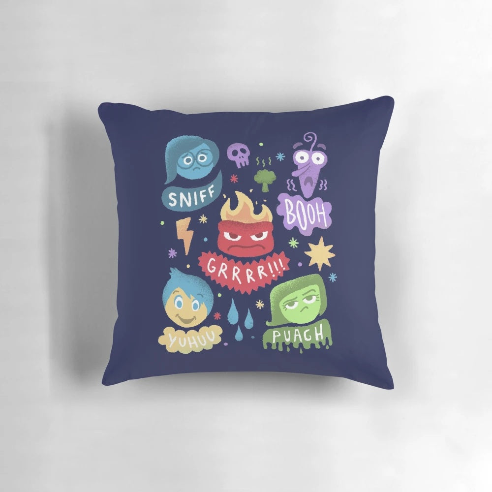 Vibrant "Inside Out" inspired pillow featuring emotions of fear, joy, anger, sadness, and disgust