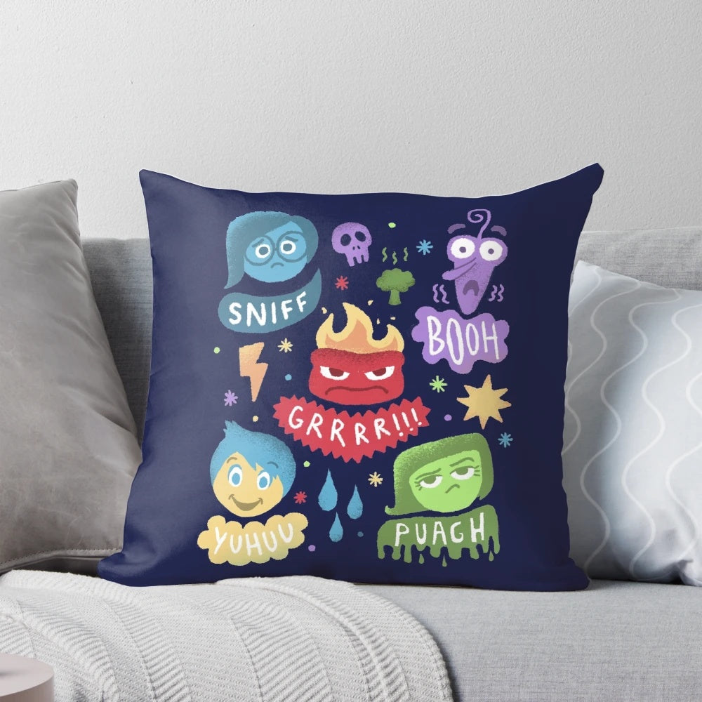 Vibrant "Inside Out" inspired pillow featuring emotions of fear, joy, anger, sadness, and disgust