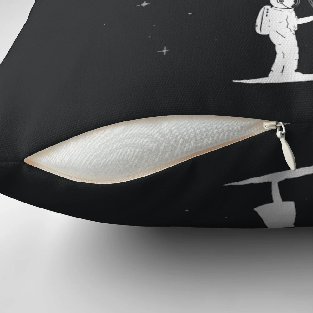 A plush, space-themed pillow featuring a starry night sky, planets, and a heart-shaped design