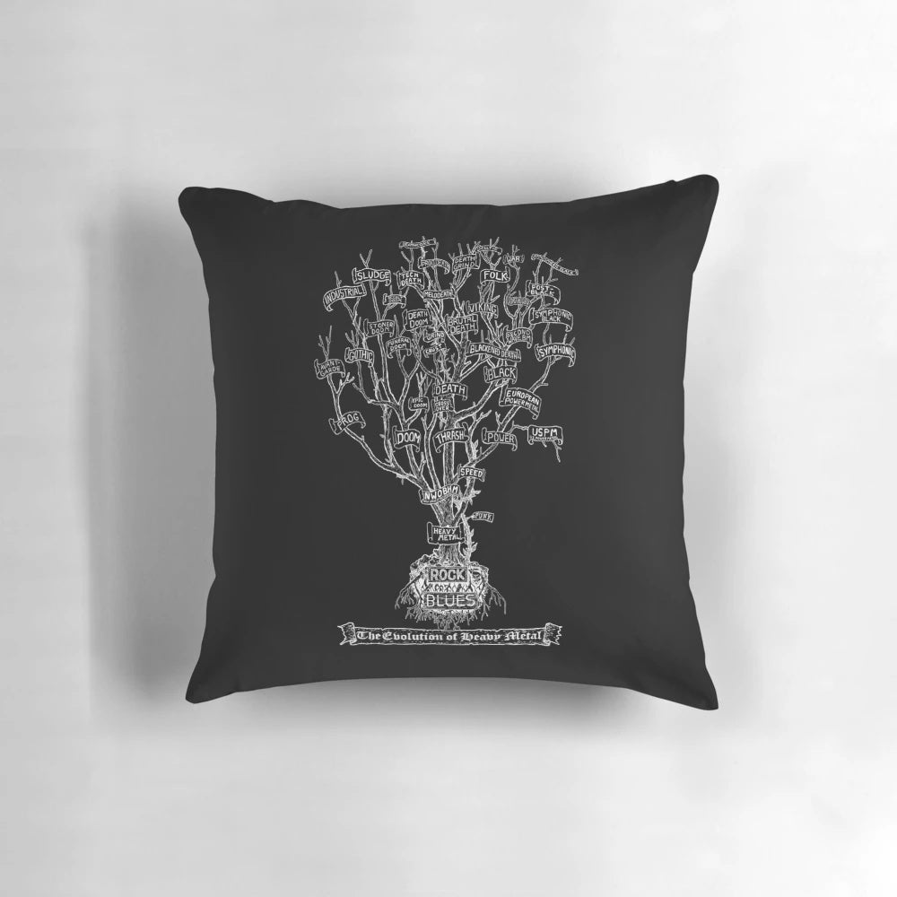 Pillow depicting the evolution of heavy metal music genres, including black metal, death metal, doom metal, and more.