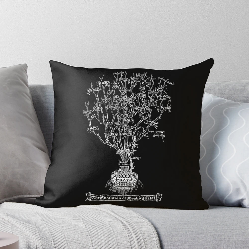 Pillow depicting the evolution of heavy metal music genres, including black metal, death metal, doom metal, and more.