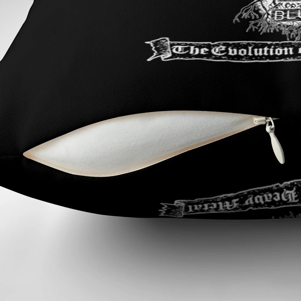 Pillow depicting the evolution of heavy metal music genres, including black metal, death metal, doom metal, and more.