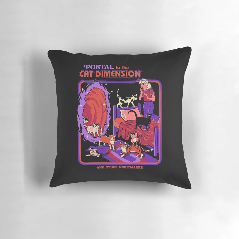 Vintage-style cat pillow with a dimensional, sci-fi design