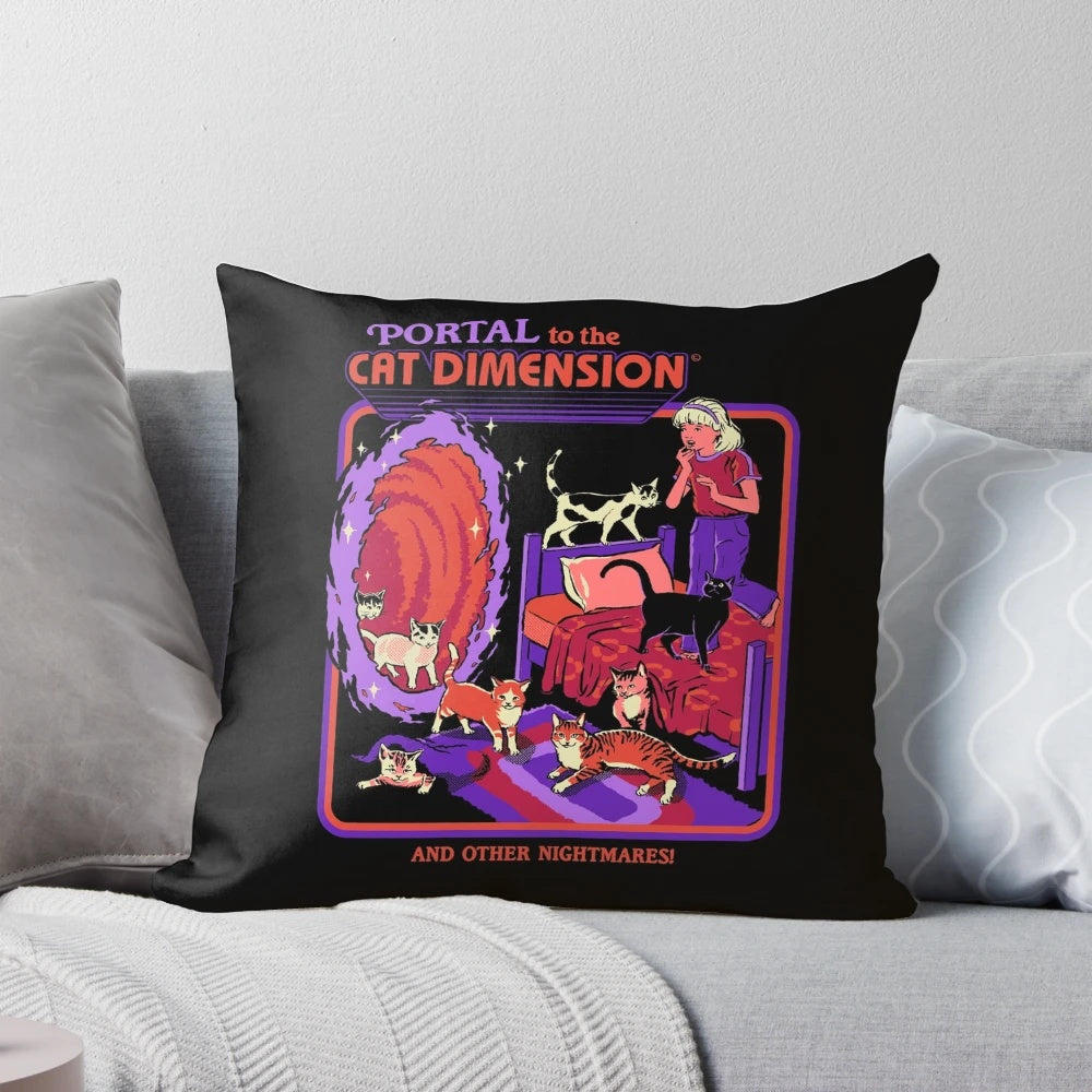 Vintage-style cat pillow with a dimensional, sci-fi design