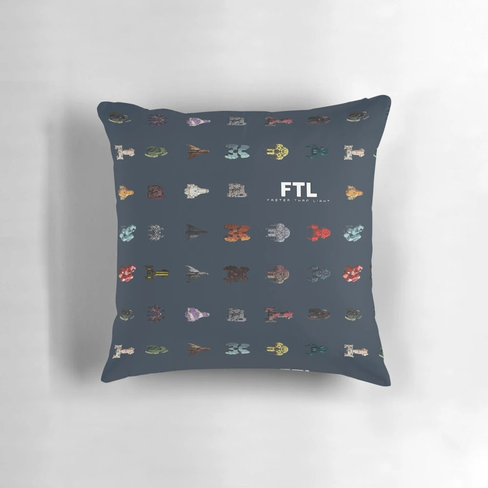 FTL Faster Than Light themed throw pillow featuring various spaceships from the game