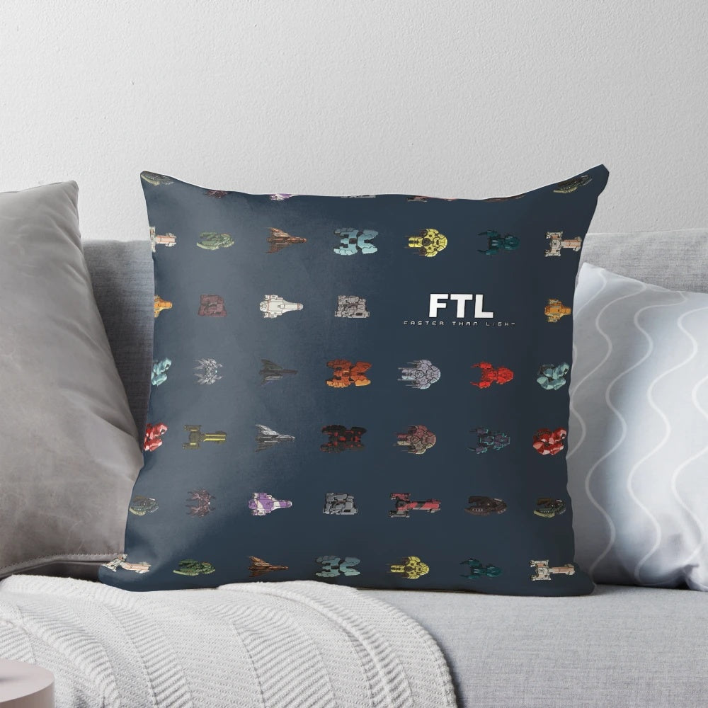 FTL Faster Than Light themed throw pillow featuring various spaceships from the game