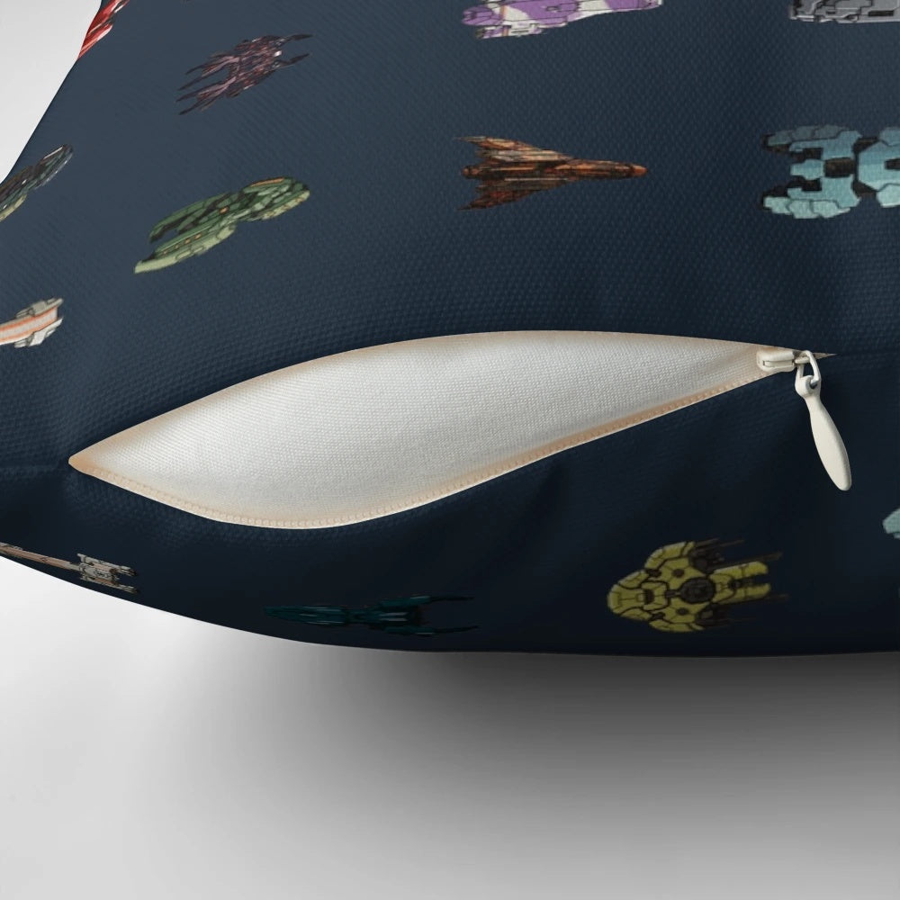 FTL Faster Than Light themed throw pillow featuring various spaceships from the game