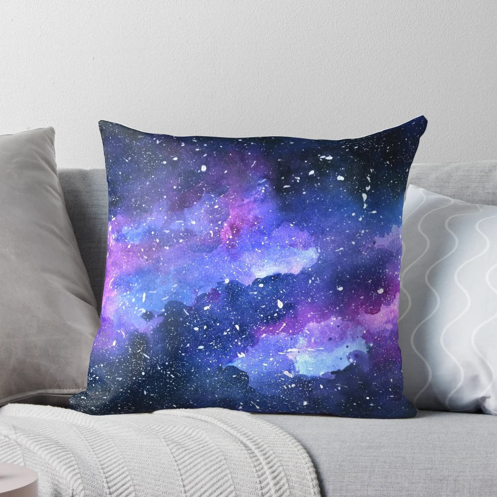Galaxy-themed pillow featuring a stunning night sky design with stars and cosmic elements