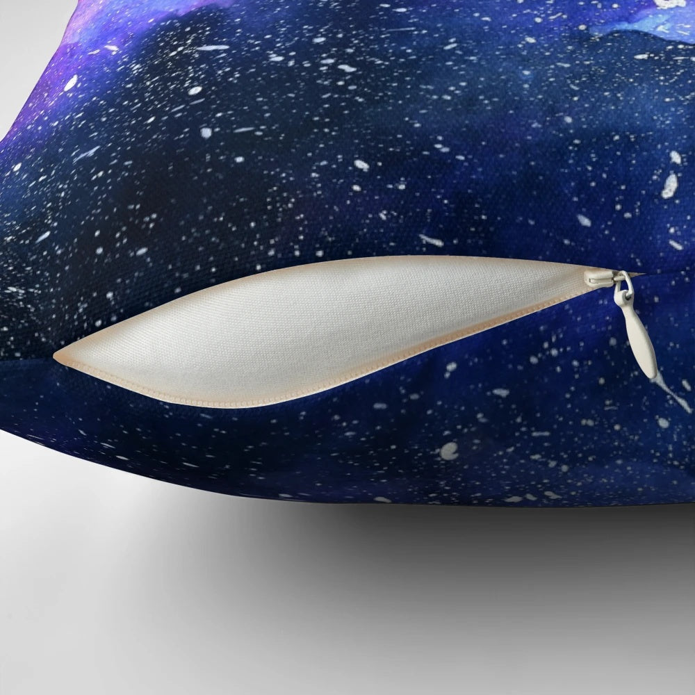 Galaxy-themed pillow featuring a stunning night sky design with stars and cosmic elements