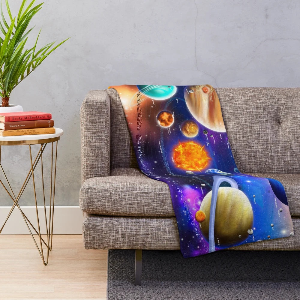 Solar system plush blanket with planets and orbits