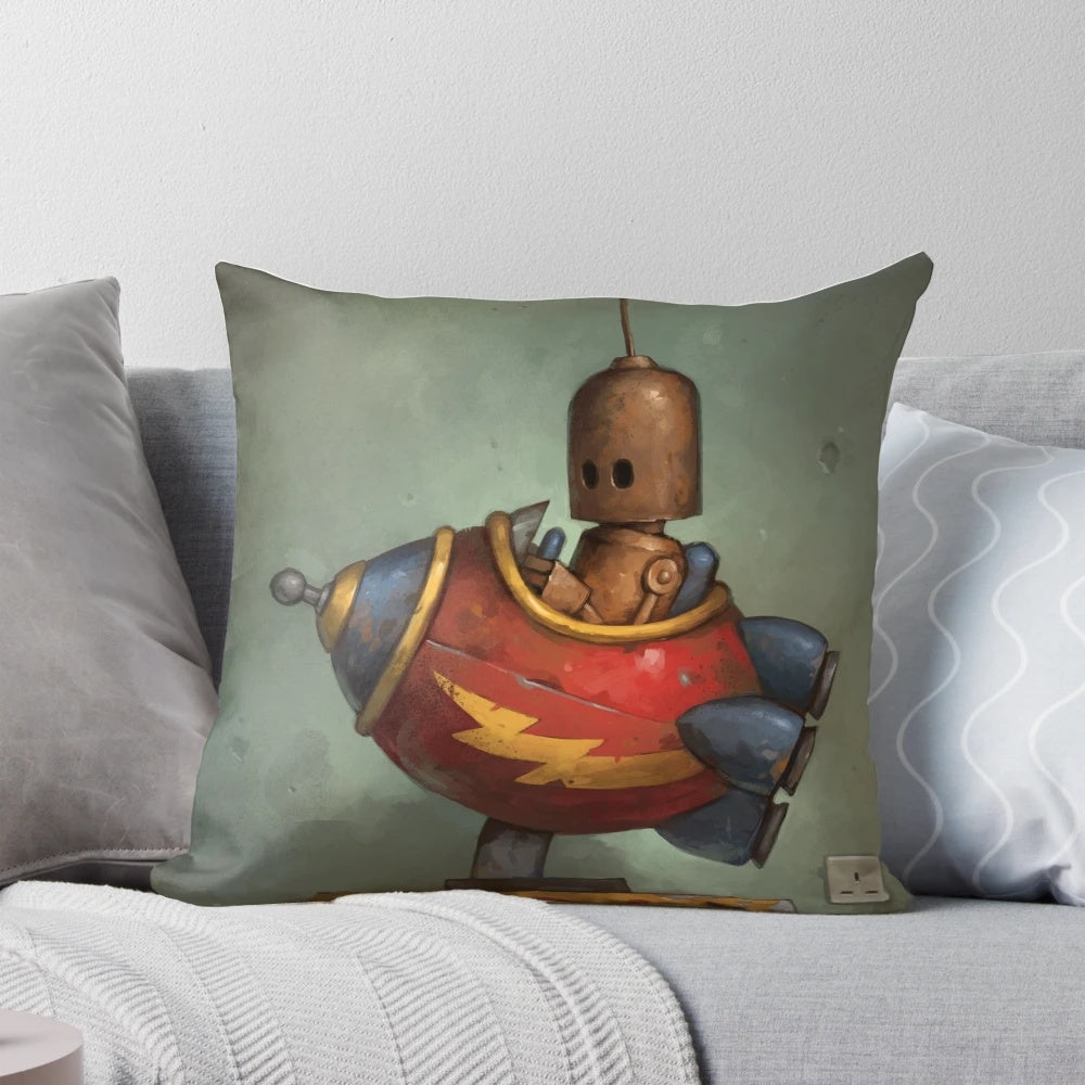 A vintage-inspired robot pillow in a retro-futuristic design, perfect for sci-fi enthusiasts and space geeks.