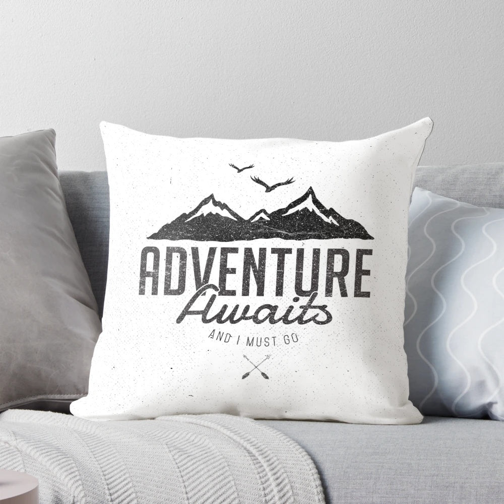 Adventure Awaits Typographic Pillow for Outdoor and Nature Enthusiasts