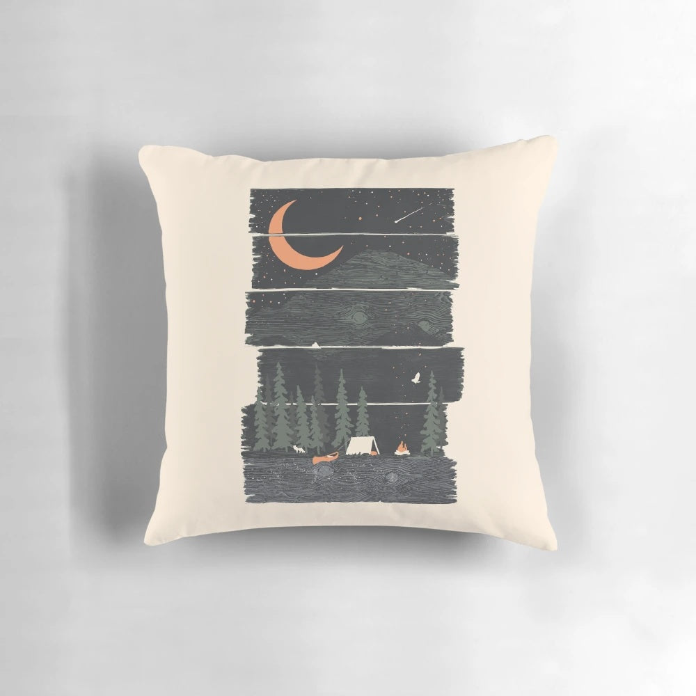 Camping-themed pillow with nature and wildlife imagery