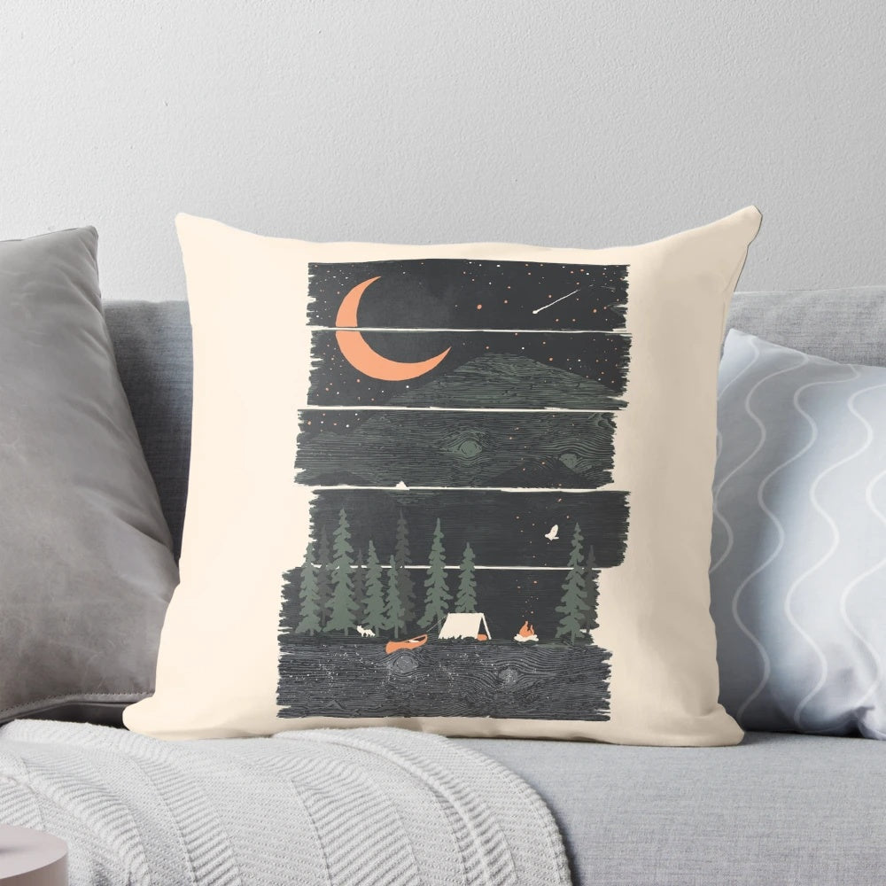 Camping-themed pillow with nature and wildlife imagery