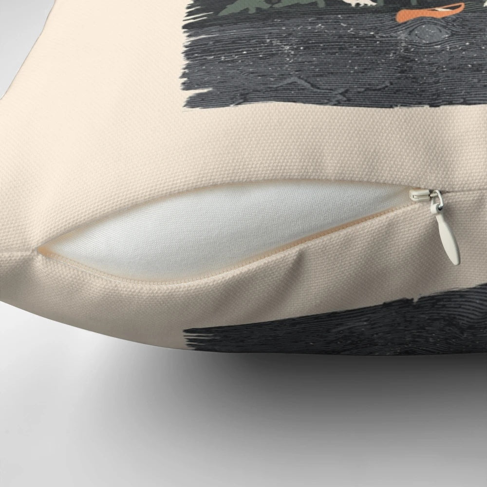 Camping-themed pillow with nature and wildlife imagery
