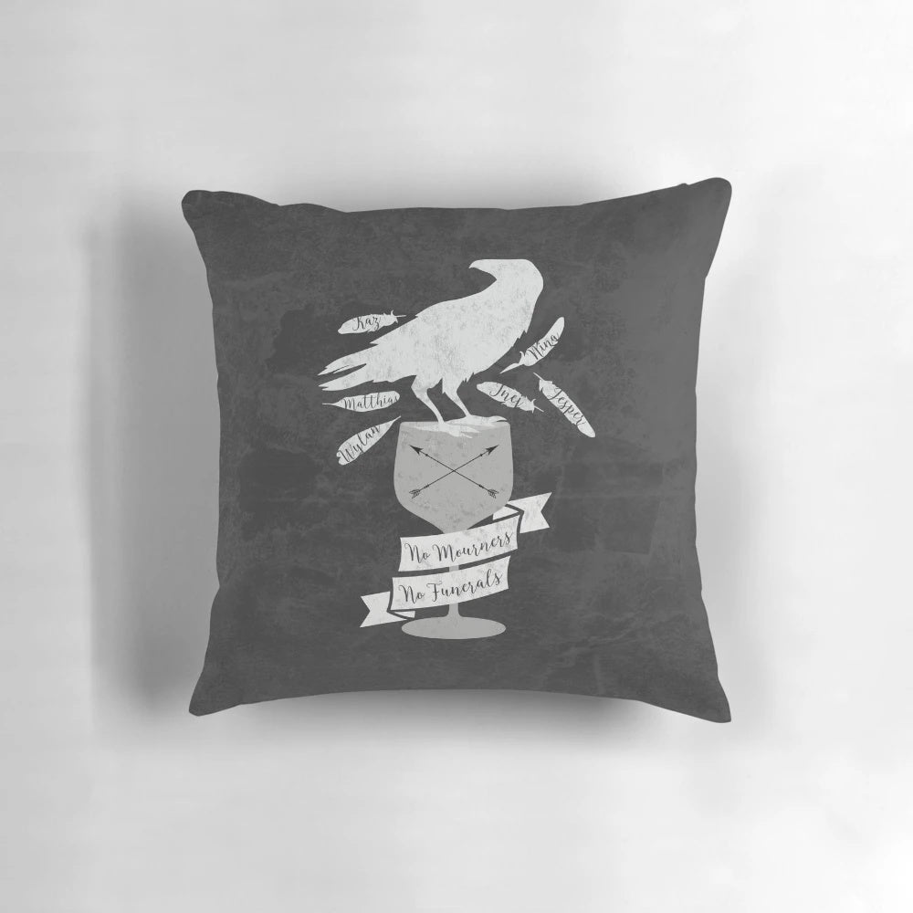 Decorative pillow featuring characters from the Six of Crows series by Leigh Bardugo
