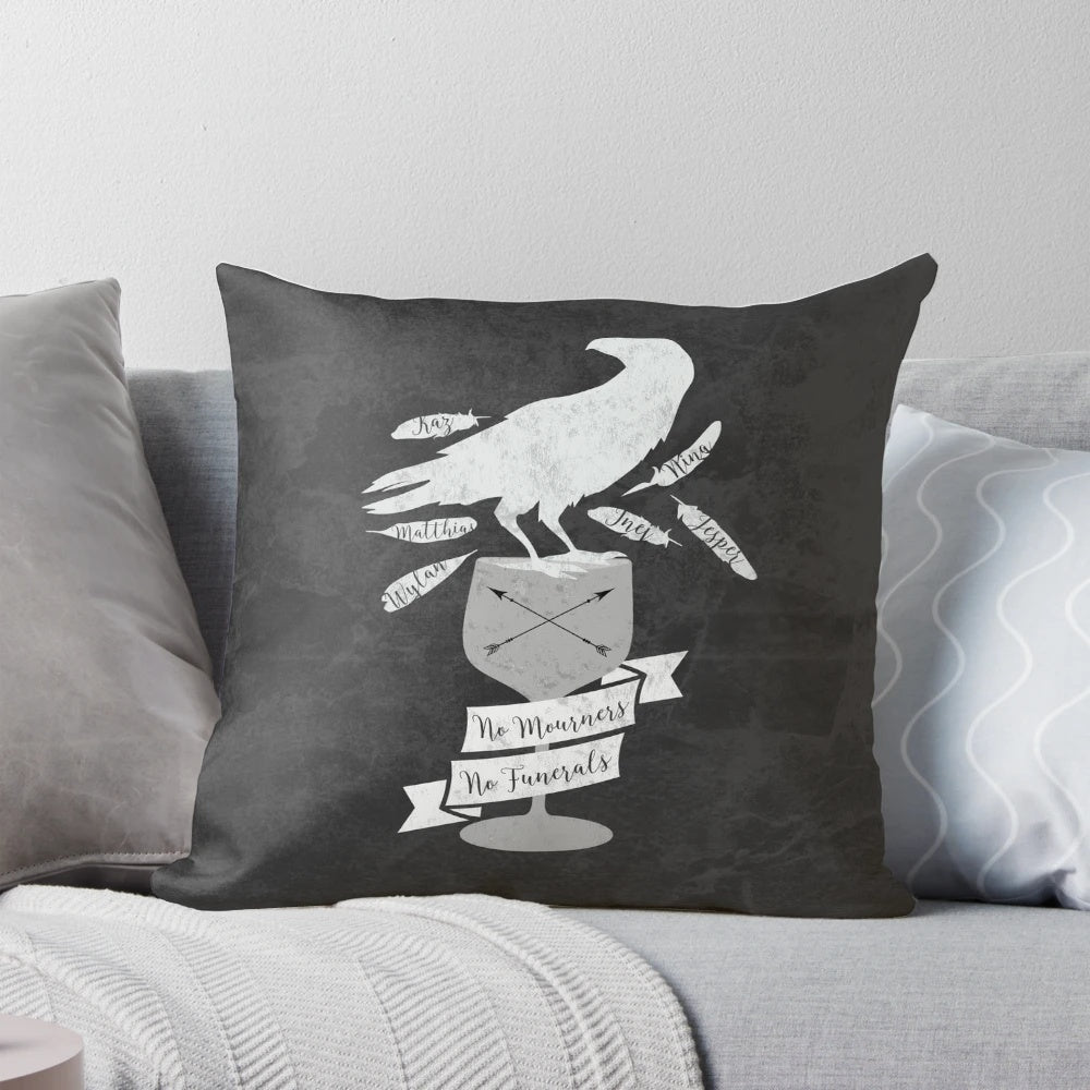 Decorative pillow featuring characters from the Six of Crows series by Leigh Bardugo
