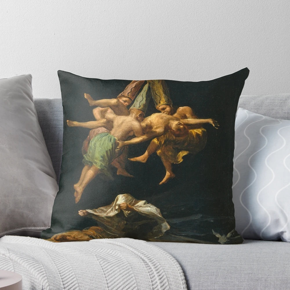 A vintage-style pillow featuring Francisco Goya's iconic painting "The Journey of the Witches," showcasing the artist's masterful romanticism and dark themes.