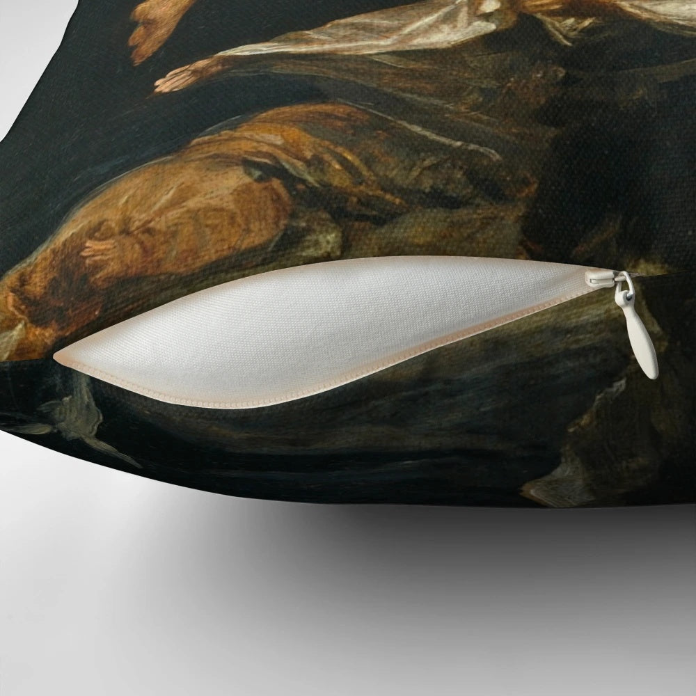 A vintage-style pillow featuring Francisco Goya's iconic painting "The Journey of the Witches," showcasing the artist's masterful romanticism and dark themes.