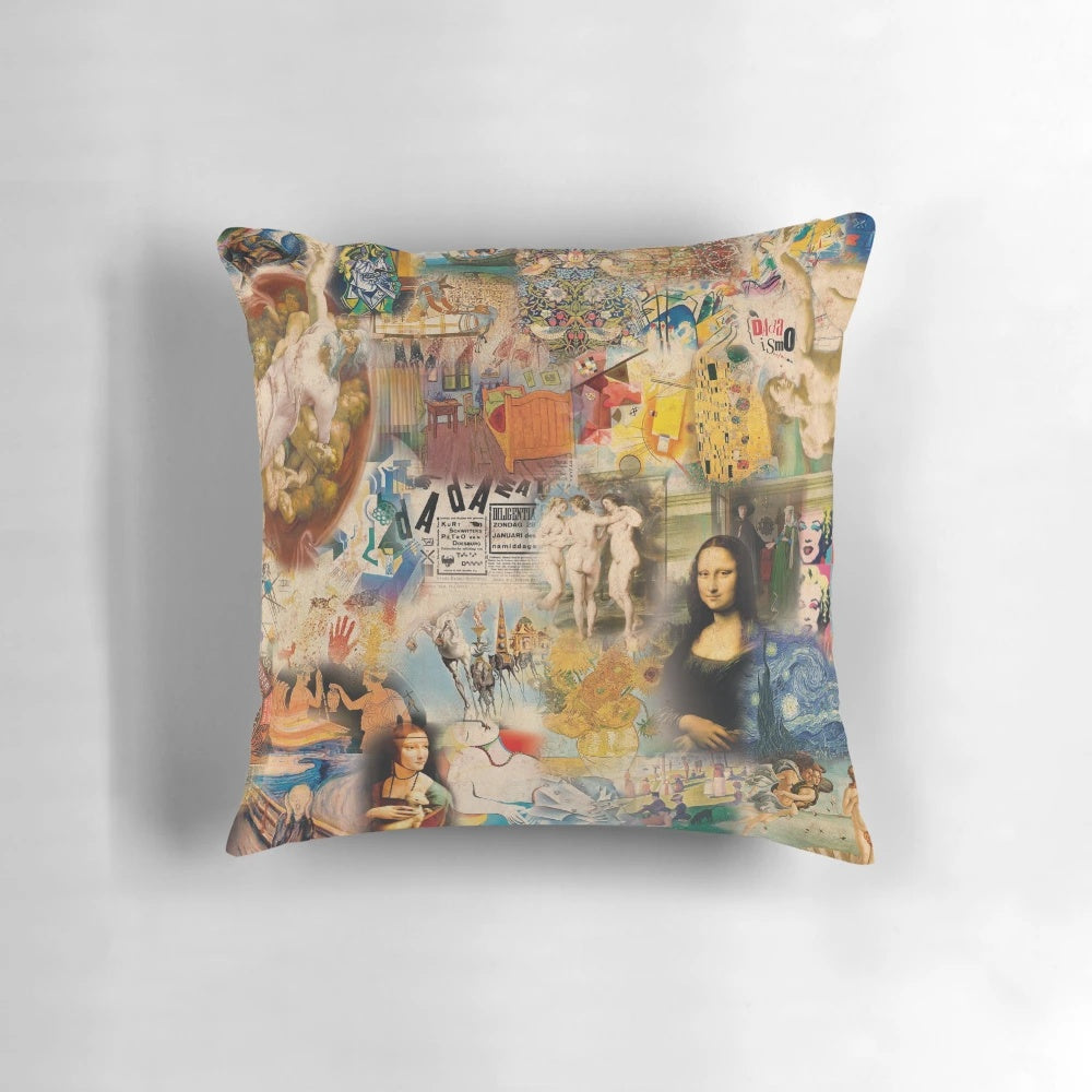 A vintage-style pillow featuring a collage of famous artworks, including the Mona Lisa, Van Gogh, and Picasso.