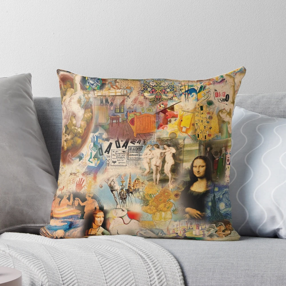 A vintage-style pillow featuring a collage of famous artworks, including the Mona Lisa, Van Gogh, and Picasso.