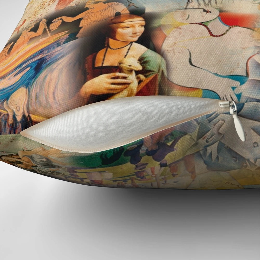 A vintage-style pillow featuring a collage of famous artworks, including the Mona Lisa, Van Gogh, and Picasso.