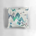 A watercolor-style illustration of a scenic mountain landscape with trees, adorning a soft and plush pillow.