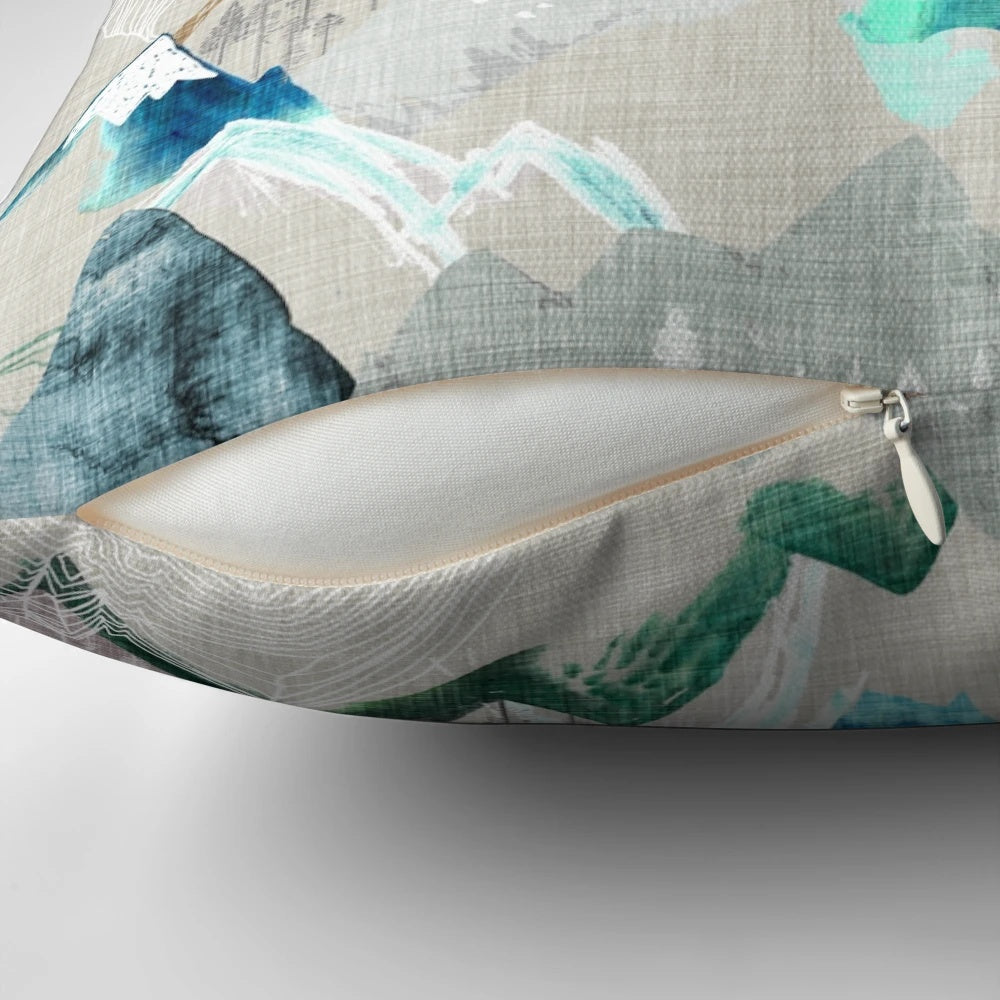 A watercolor-style illustration of a scenic mountain landscape with trees, adorning a soft and plush pillow.
