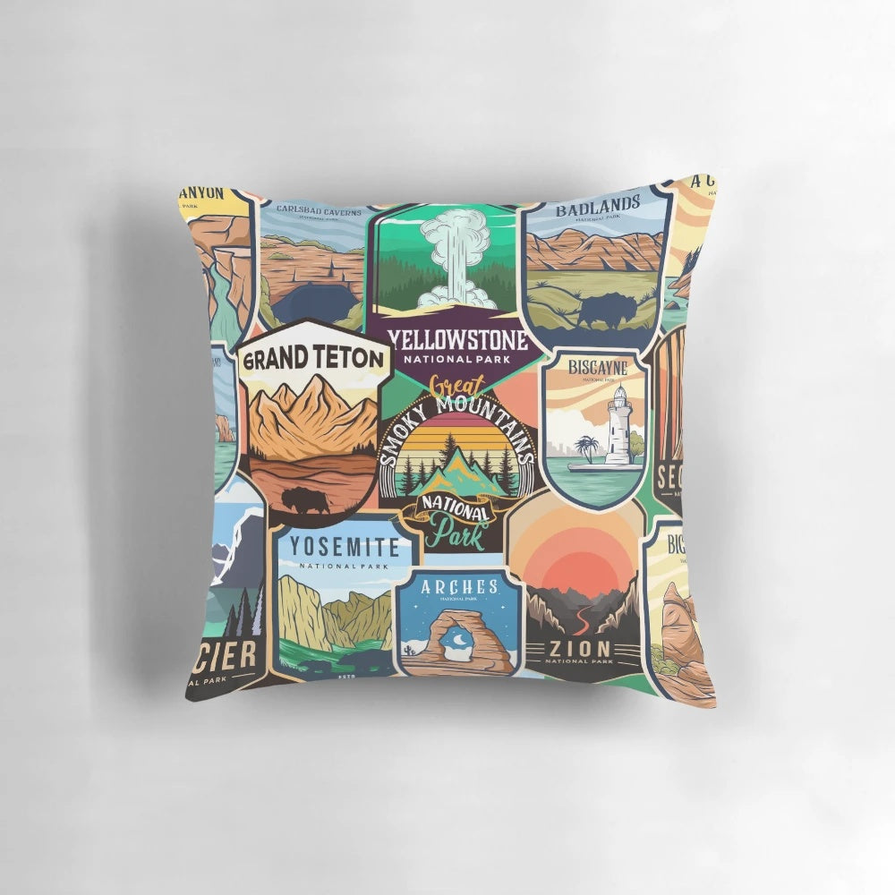 National Parks Collage Design Throw Pillow featuring iconic landscapes and landmarks