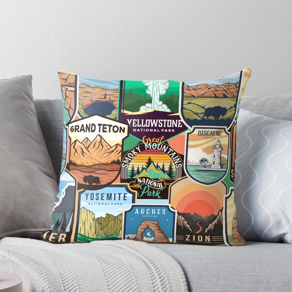 National Parks Collage Design Throw Pillow featuring iconic landscapes and landmarks
