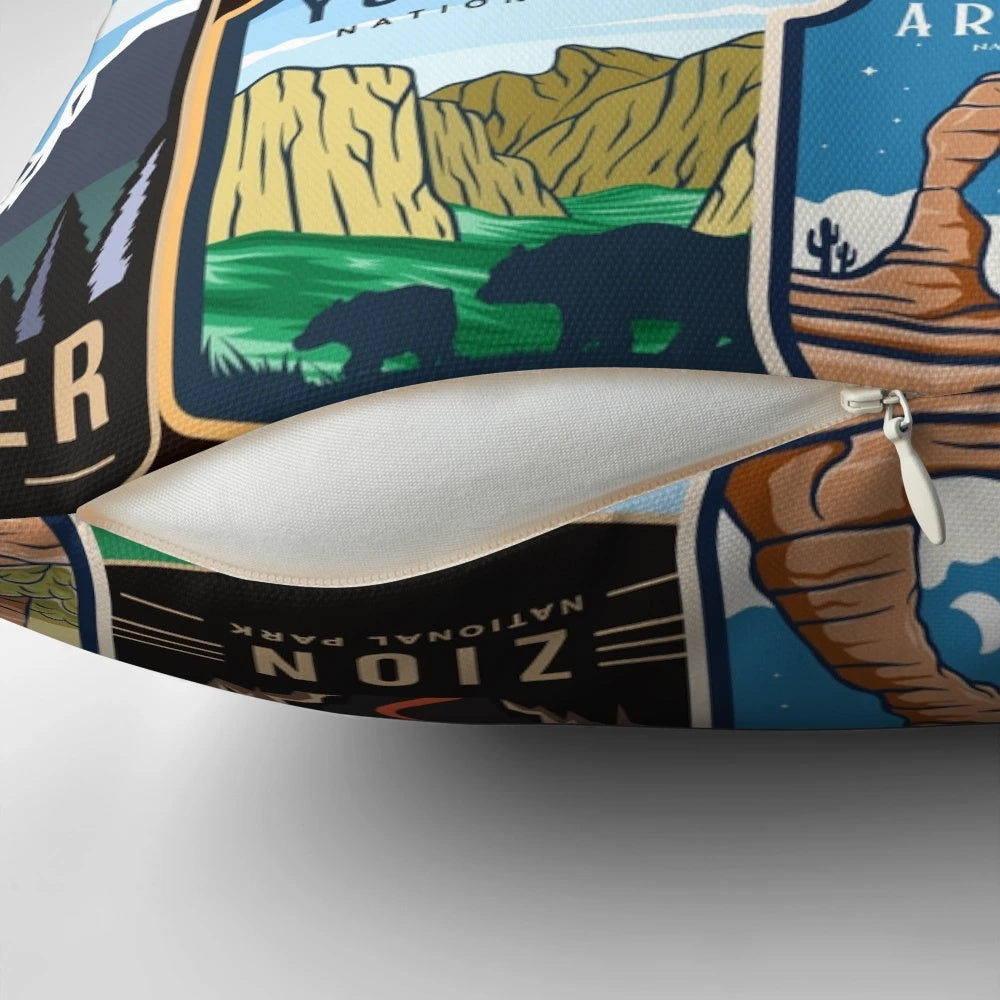 National Parks Collage Design Throw Pillow featuring iconic landscapes and landmarks