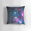A pillow featuring a dark, futuristic cityscape inspired by Tokyo's neon-lit streets and "Blade Runner" aesthetics.