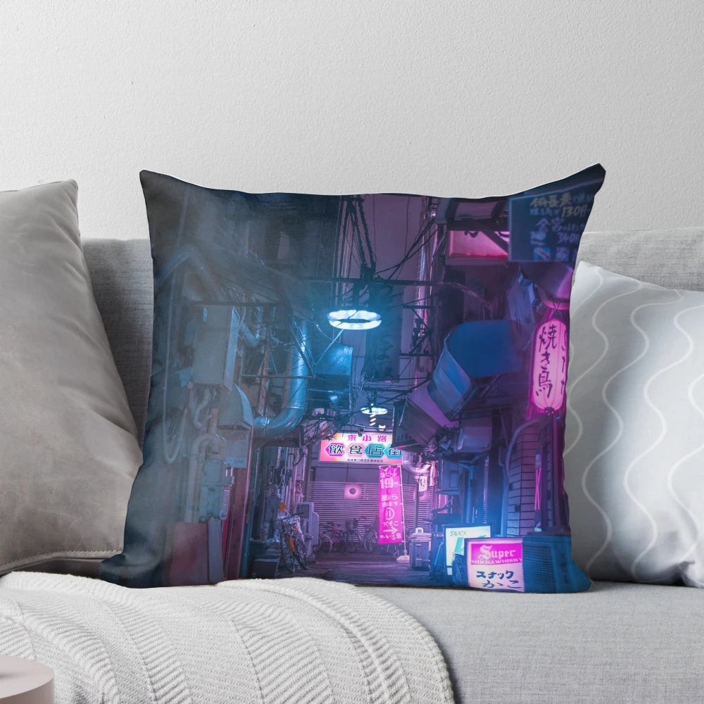 A pillow featuring a dark, futuristic cityscape inspired by Tokyo's neon-lit streets and "Blade Runner" aesthetics.