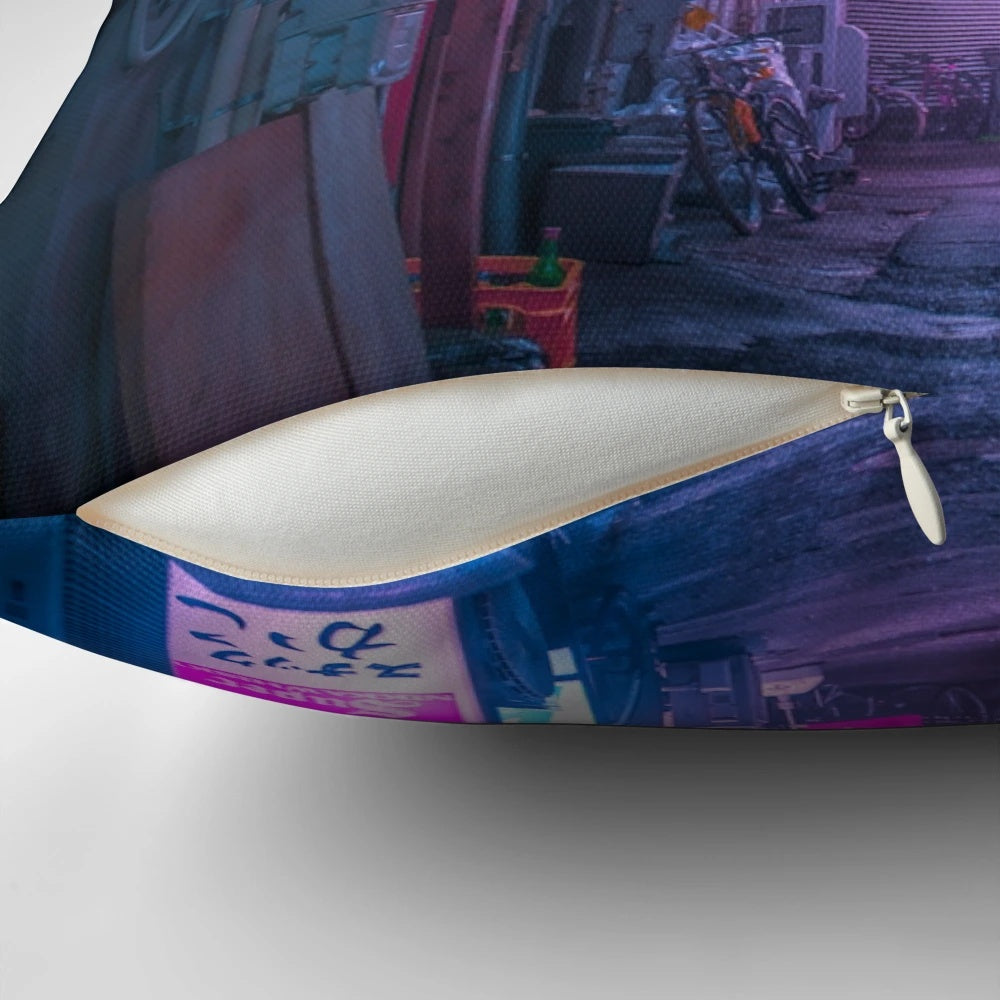 A pillow featuring a dark, futuristic cityscape inspired by Tokyo's neon-lit streets and "Blade Runner" aesthetics.