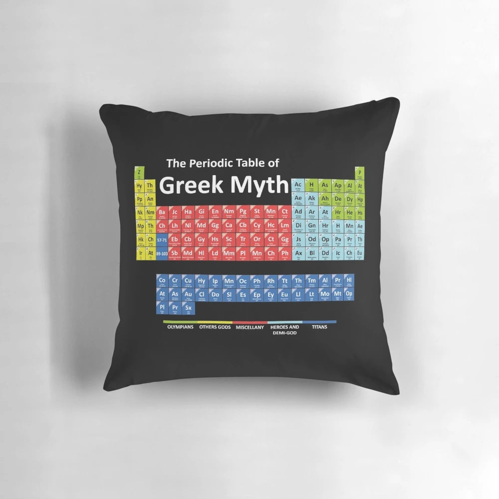 Periodic Table of Greek Mythology Pillow featuring various gods, goddesses, and mythical creatures
