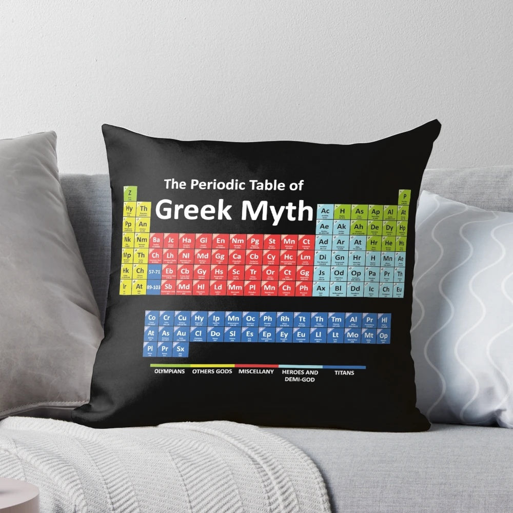 Periodic Table of Greek Mythology Pillow featuring various gods, goddesses, and mythical creatures